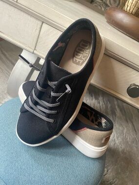 Hey Dude Black and Beige Canvas Slip-On Sneakers with Patterned Laces